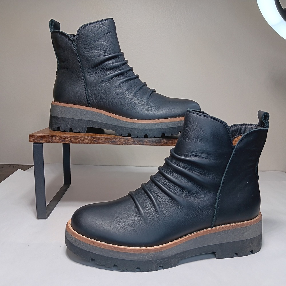 Earth YONDER Ankle Boots Womens 6.5 Black NEW Waterproof Leather Ruched Lug Sole